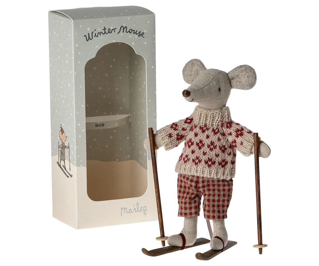 Winter Mum Mouse with Ski Set (Red) by Maileg