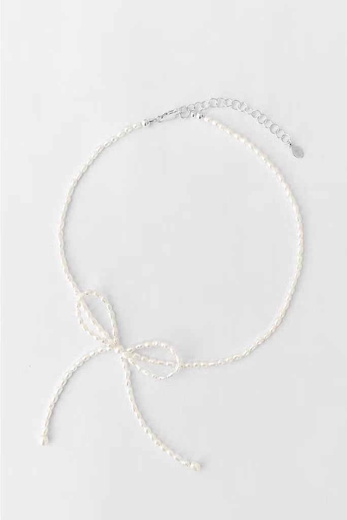 Rice Pearl Bow Necklace by Kara Yoo