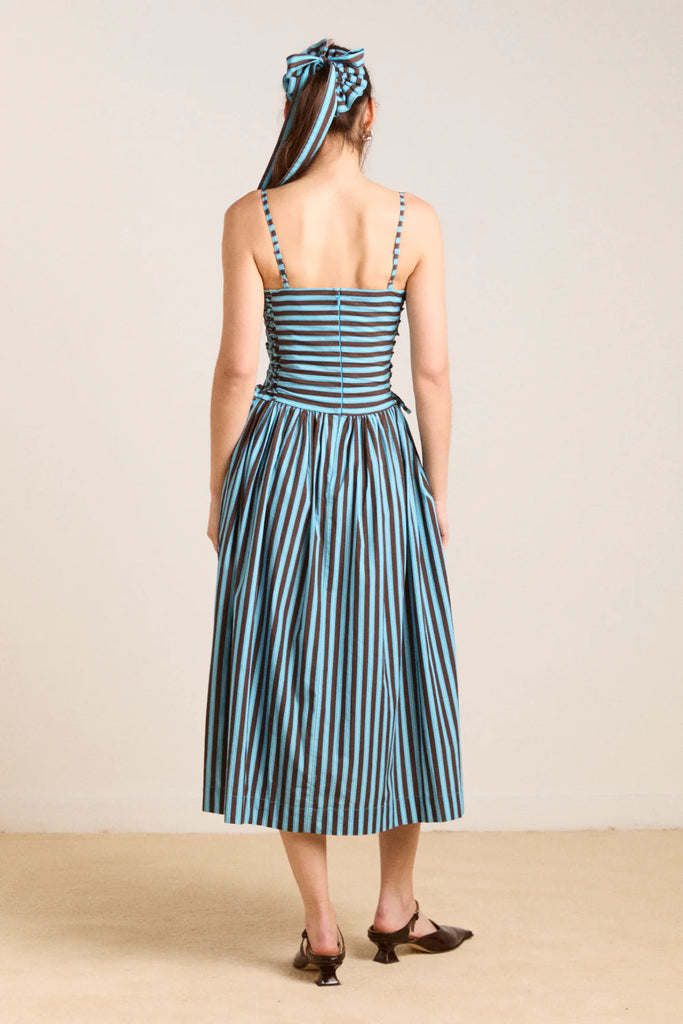 Angelina Midi Dress (Blue/Choc Stripe) by Damson Madder