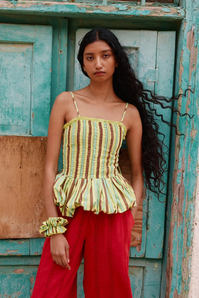 Bethan Bubble Cami (Tropical Business Stripe) by Damson Madder