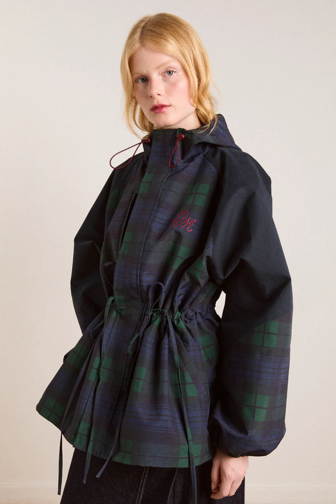 Liu Shower Resistant Raincoat (Navy Check) by Damson Madder