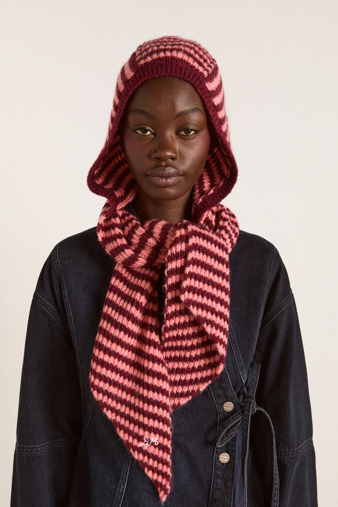 Tie Front Hood (Pink/Burgundy Stripe) by Damson Madder