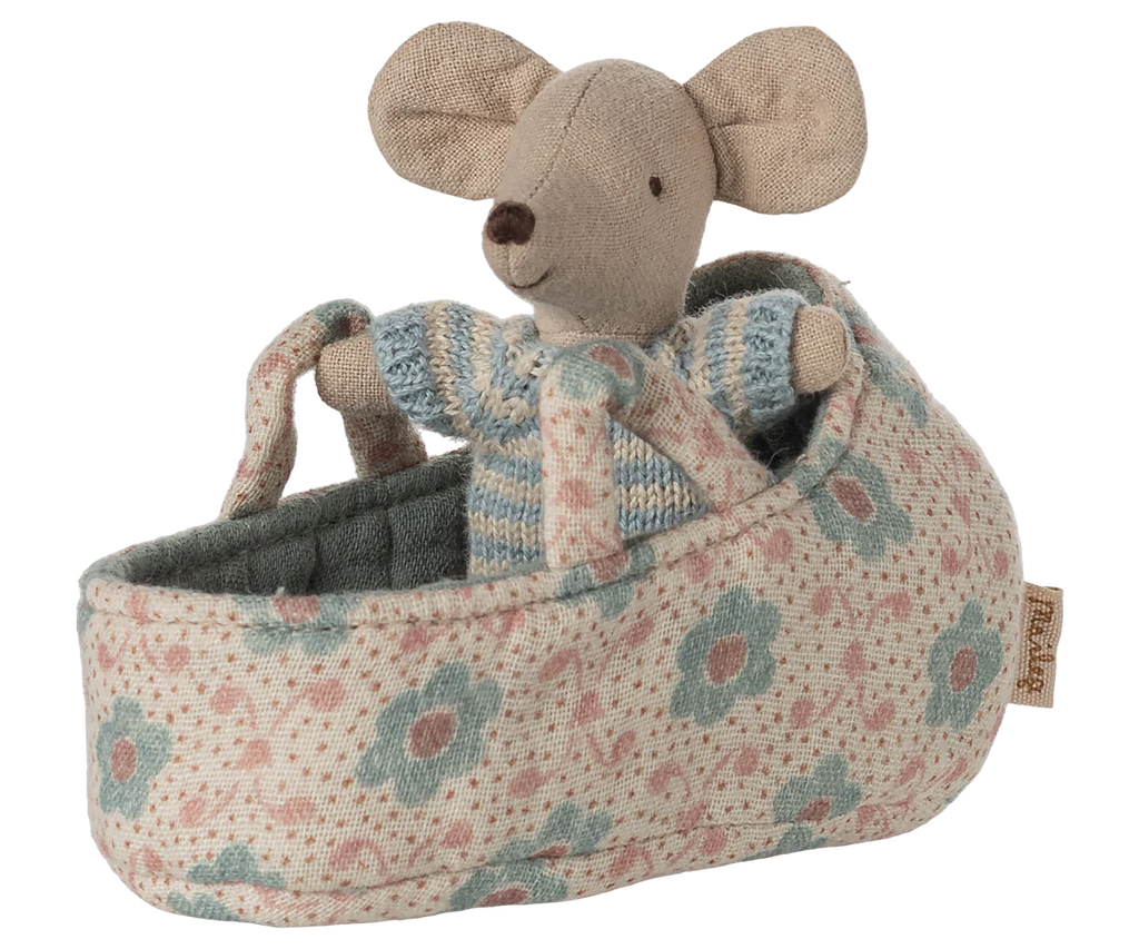 Baby Mouse in Carry Cot (Blue) by Maileg