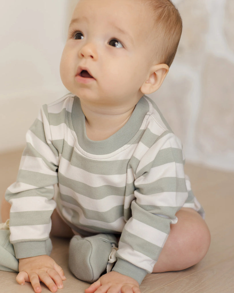 Crewneck Bubble Romper (Sage Stripe) by Quincy Mae