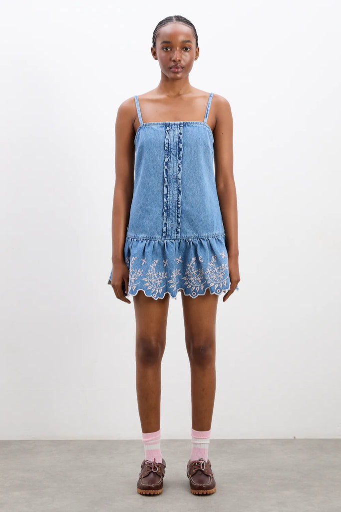 Lana Mini Dress (Embroidered Denim) by Damson Madder