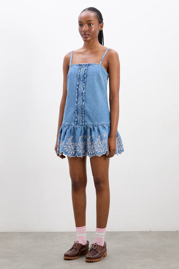 Lana Mini Dress (Embroidered Denim) by Damson Madder