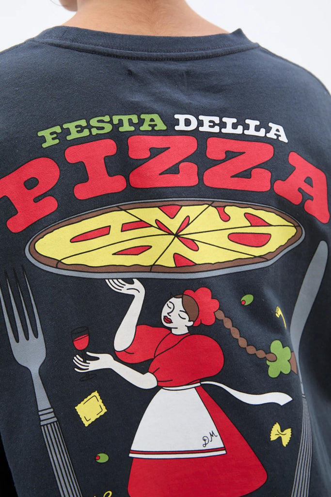 Pizza Party Long Sleeve Washed Tee (Charcoal) by Damson Madder