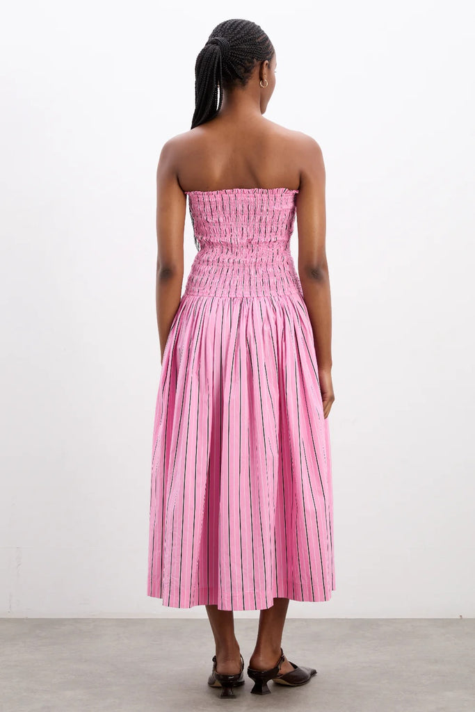 Mia Midi Dress (Pink Business Stripe) by Damson Madder