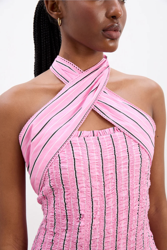 Mia Midi Dress (Pink Business Stripe) by Damson Madder