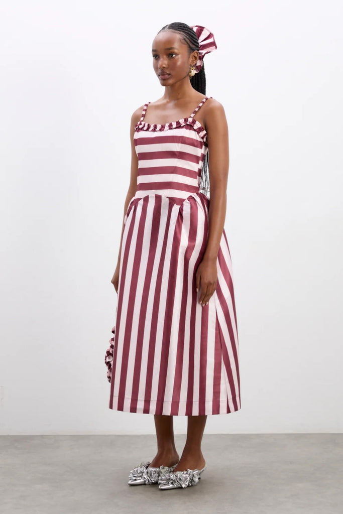 Rachel Ruffle Midi Dress (Pink Stripe) by Damson Madder
