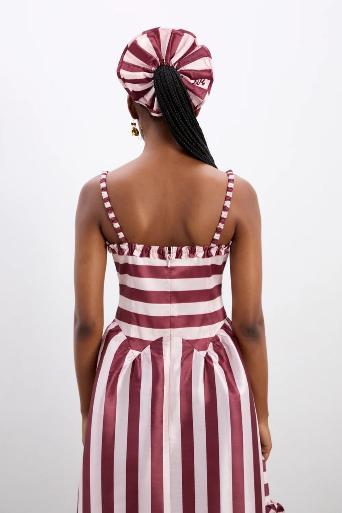 Rachel Ruffle Midi Dress (Pink Stripe) by Damson Madder