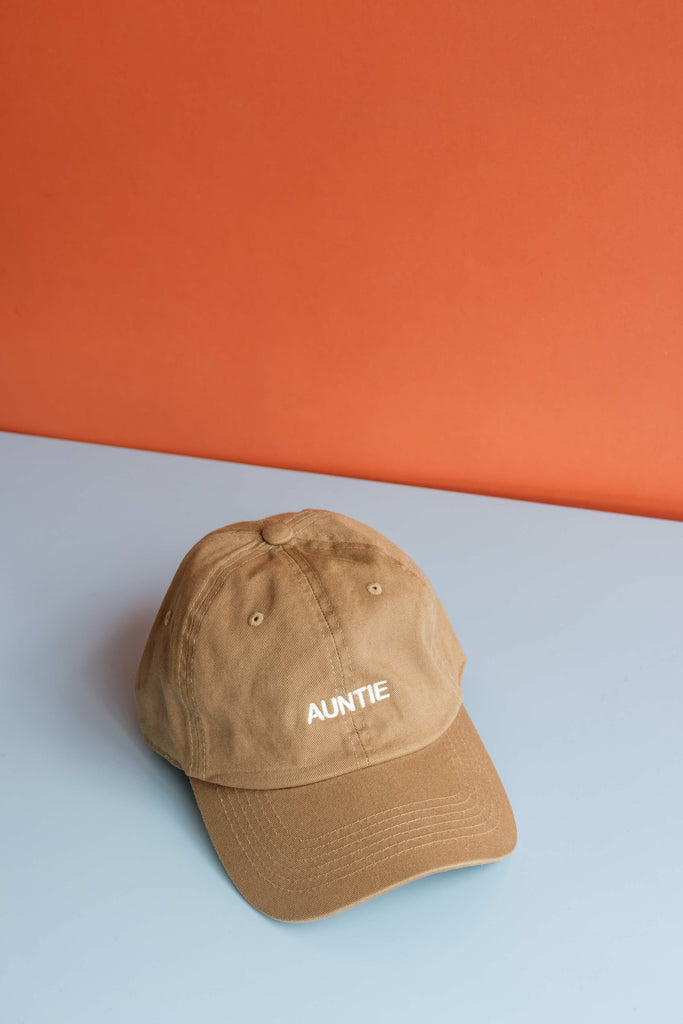 Auntie Cap (White on Khaki) by Intentionally Blank