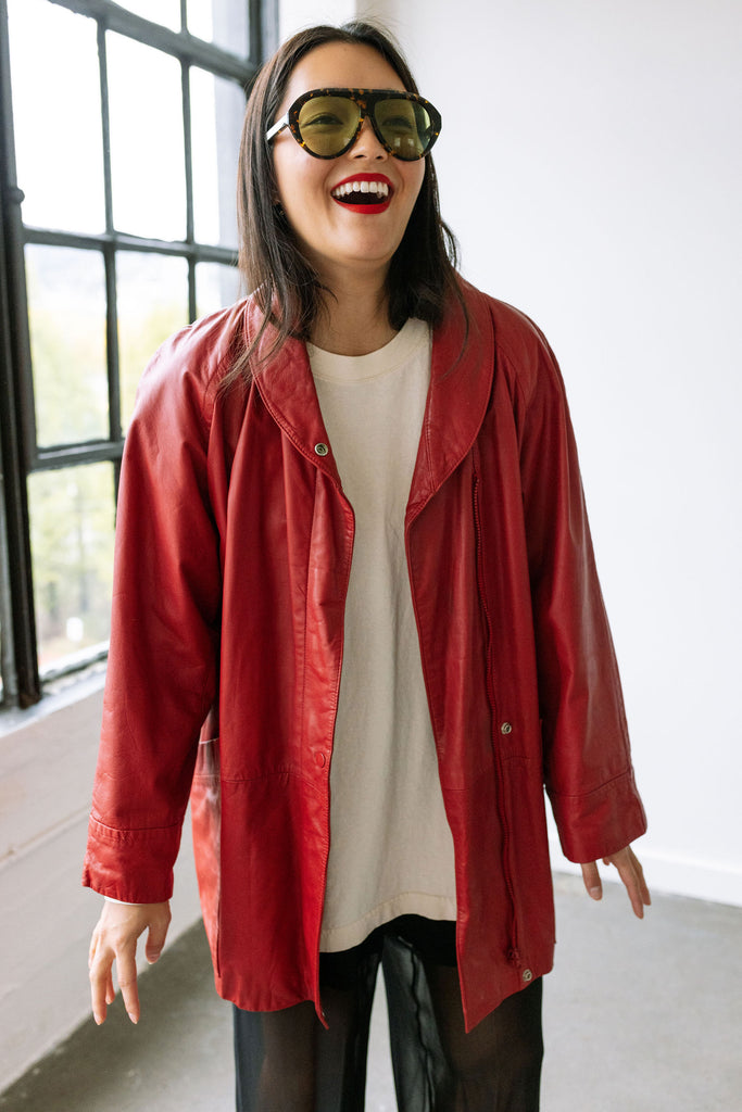 Yo Vintage Red Collar Leather Jacket (Med) by Yo Vintage