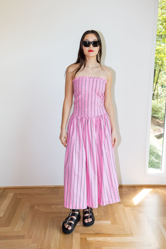 Mia Midi Dress (Pink Business Stripe) by Damson Madder
