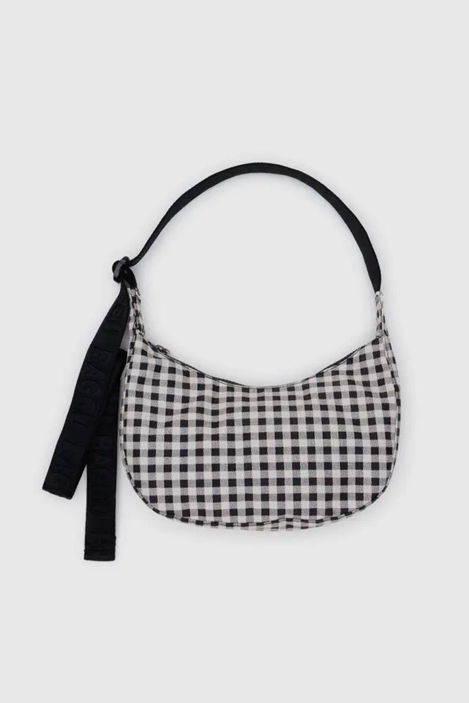 Small Nylon Crescent Bag (Black & White Gingham) by Baggu