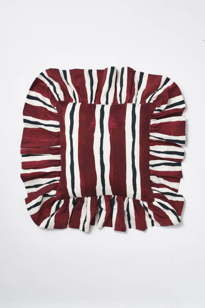 Frilly Cushion (Burgundy Stripe) by Damson Madder