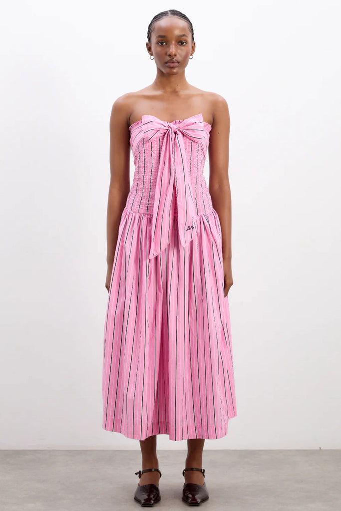 Mia Midi Dress (Pink Business Stripe) by Damson Madder