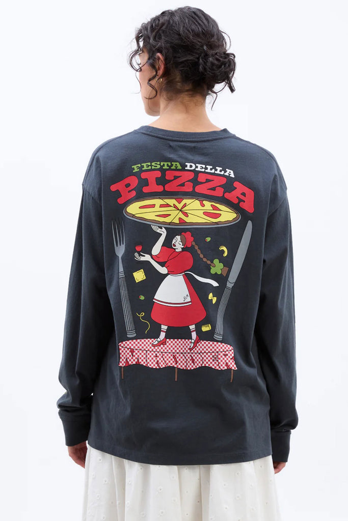 Pizza Party Long Sleeve Washed Tee (Charcoal) by Damson Madder