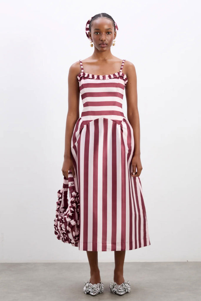 Rachel Ruffle Midi Dress (Pink Stripe) by Damson Madder