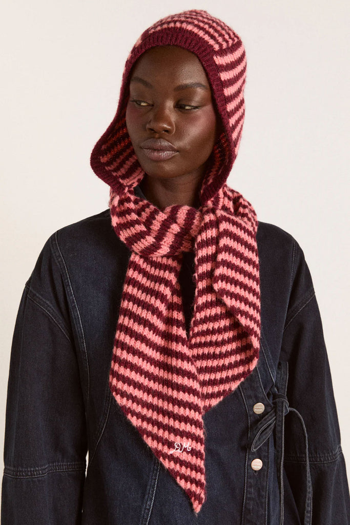 Tie Front Hood (Pink/Burgundy Stripe) by Damson Madder