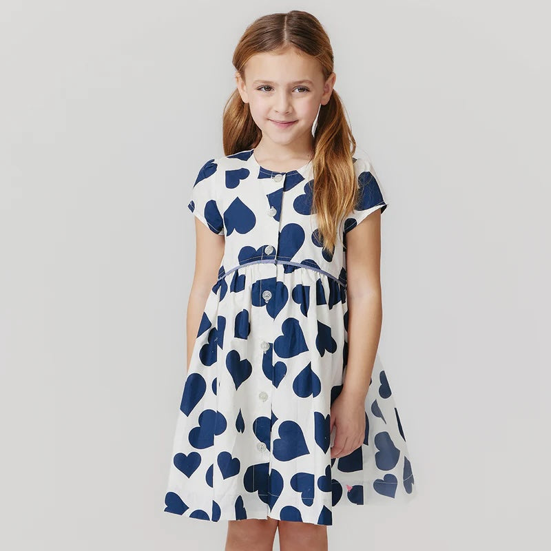 Fatima Dress (Navy Tossed Hearts) by Pink Chicken