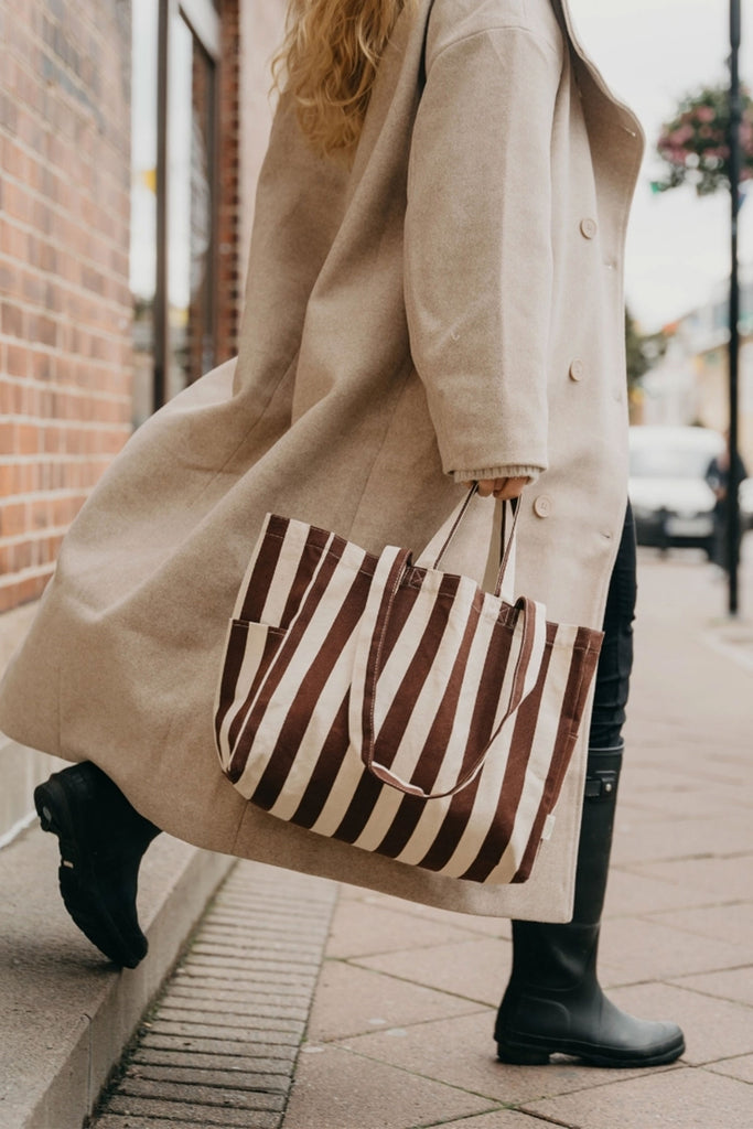 Low Striped Canvas Tote (Brown) by Omom