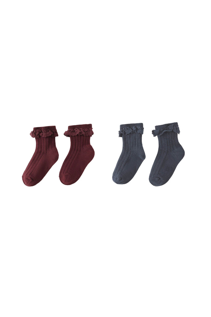 Lace Trim Sock Set (Burgundy/Navy) by Rylee + Cru