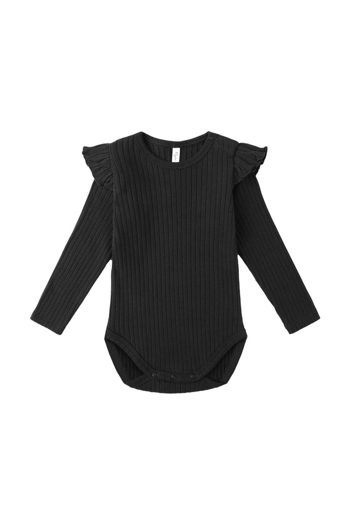 Shoulder Ruffle Onesie (Black) by Rylee + Cru
