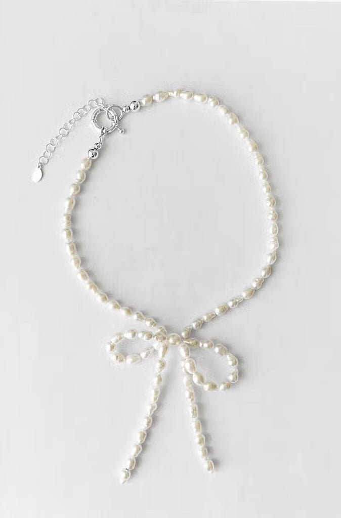 Teardrop Pearl Bow Necklace by Kara Yoo