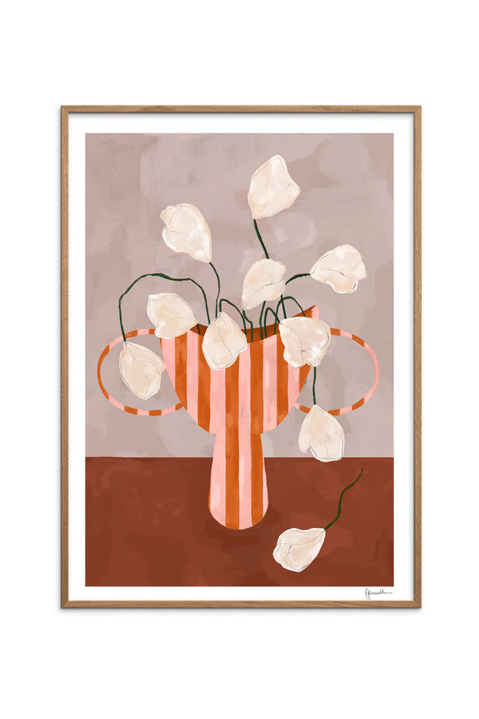 White Flowers in Striped Vase Poster by Yo Home